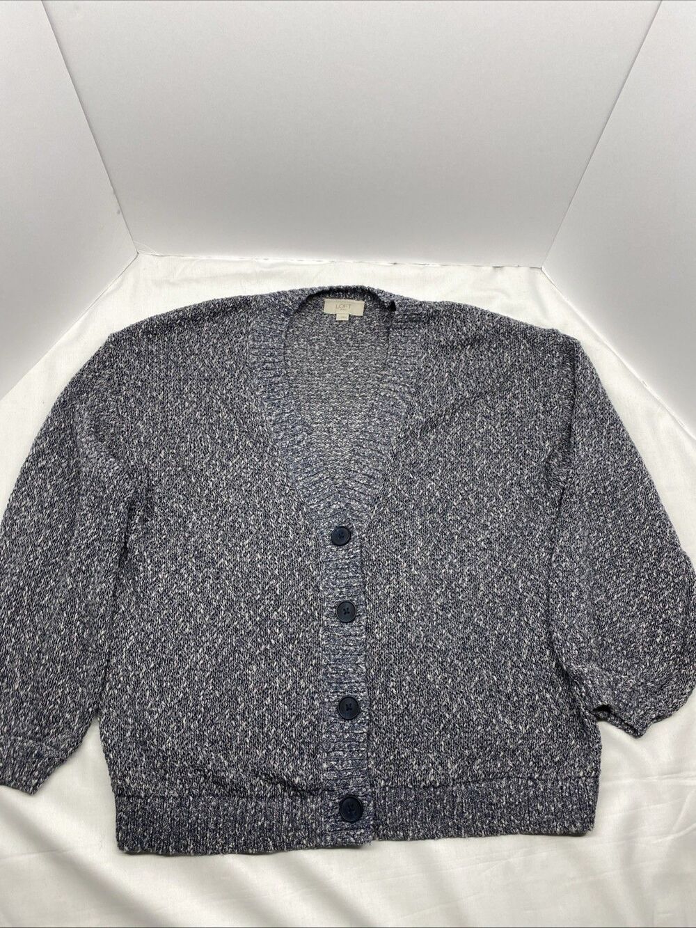 LOFT Outlet Blue White Marled Knit Cardigan Sweater Women's L V-Neck Grandpacore